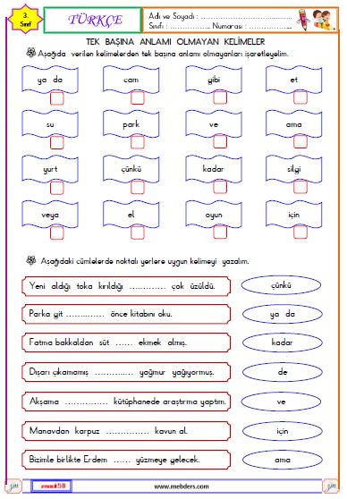 3. Sınıf Türkçe Tek Başına anlamı Olmayan Kelimeler Etkinliği